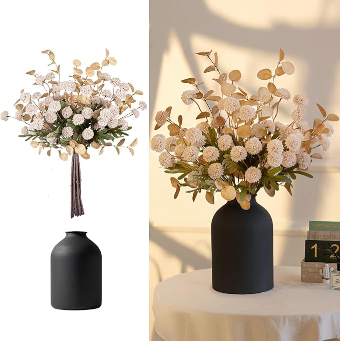 BLOSMON Dining Table Centerpiece Decor: Metal Vase with 12 Stems of Fake Mums Kiku Flower Eucalyptuses for Living Room - Beige Artificial Pom Poms Faux Floral Arrangements in Vase for Home