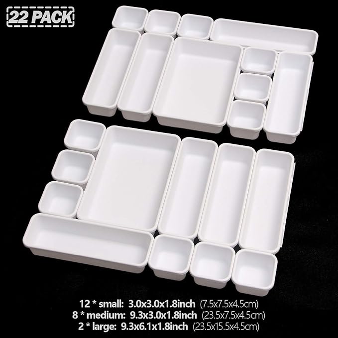 Set of 22 Interlocking Desk Drawer Organizer Tray Dividers Plastic Shallow Narrow Drawers Organizers Separators Storage Bins Container for Kitchen Bathroom Makeup Office Vanity Bedroom Dresser White