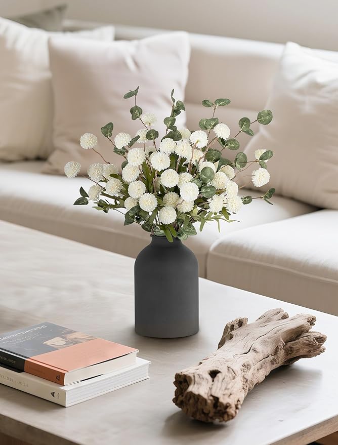 BLOSMON Fake Flowers in Vase for Centerpieces: Metal Vase with 12 Stems of Artificial Mums Kiku Flowers Eucalyptuses Home Table Decor - White Faux Pom Poms Floral Arrangements for Living Room