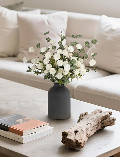 BLOSMON Fake Flowers in Vase for Centerpieces: Metal Vase with 12 Stems of Artificial Mums Kiku Flowers Eucalyptuses Home Table Decor - White Faux Pom Poms Floral Arrangements for Living Room