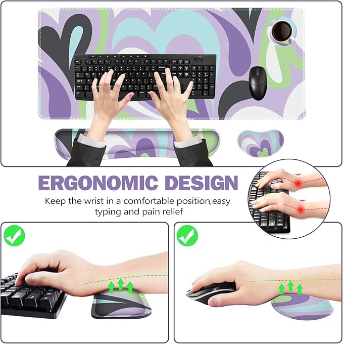 ToLuLu Extended Gaming Mouse Pad, Memory Foam Ergonomic Keyboard Mouse Wrist Rest Support Set, Large Desk Mat with Stitched Edges, Non-Slip Base Mousepad for Home Office Game Study, Purple Hearts