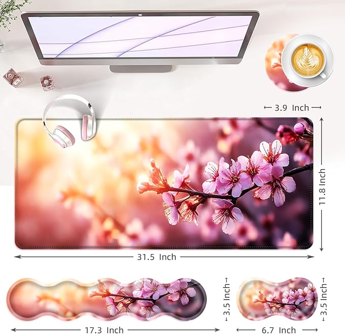 Large Keyboard Mouse Pad Set, Extended Mouse Pad+Keyboard Wrist Rest Support, Memory Foam Ergonomic Easy Typing, 4Pcs (31.5×11.8 in) Desk Pad Set for Office Home,Cherry Blossom Floral