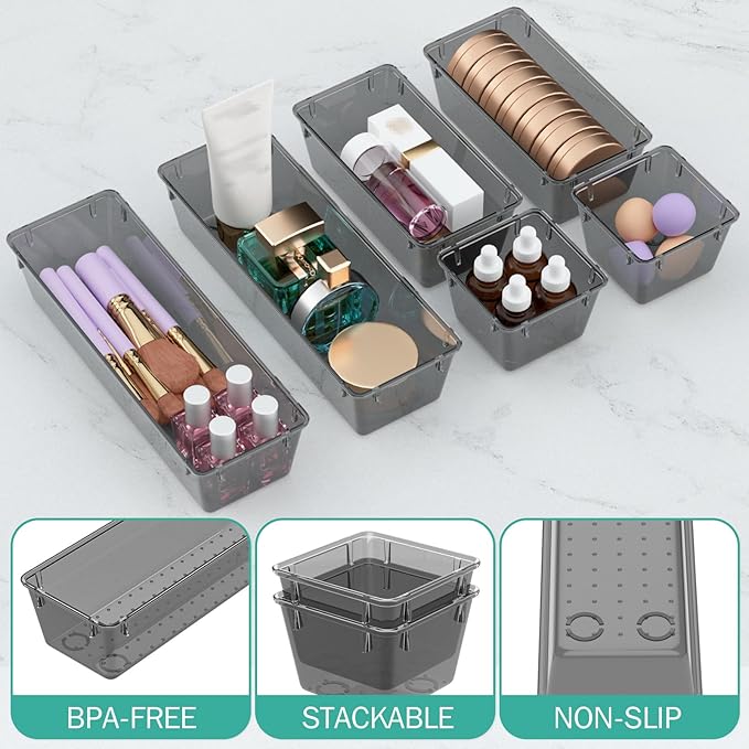 WOWBOX 12 Pack Clear Drawer Organizer Set, Acrylic Drawer Storage Trays, Storage Bins for Makeup, Cosmetics, Jewelries, Utensils, Gadgets, Office, Black