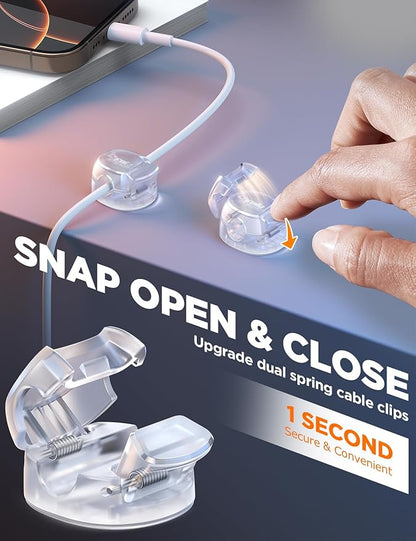 Cable Clips, Chfeila 6Pack Dual Spring Cord Organizer with Clasp Lock, [Max Stability] Desk Cable Management, Adhesive Phone Charging Wire Holder for Nightstand/Car/Wall, Office Accessories Decor