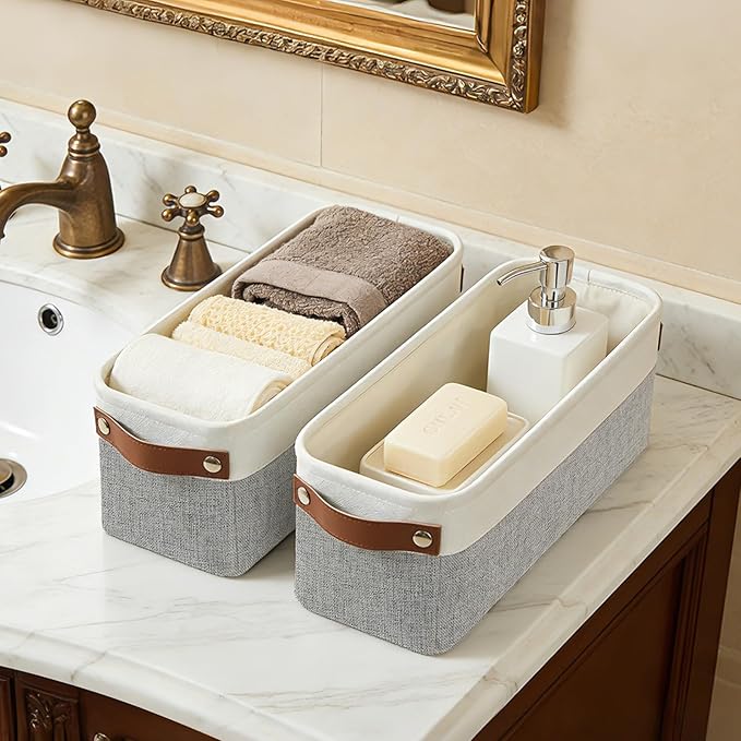 Small Fabric Storage Baskets, 15x6x5 inch Narrow Storage Bins 4-Pack Long Storage Basket for Organizing with Handles, Decorative Basket for Closets, Shelves, Toilet Paper, Grey