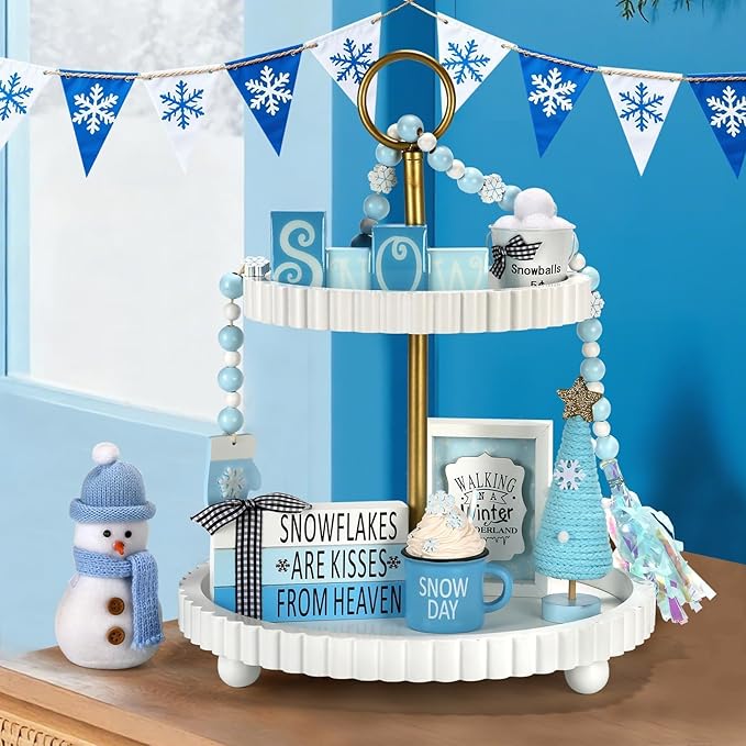 Winter Decoration for Home 8 PCS Tiered Tray Decor Set, Cute Christmas Blue Winter Wonderland Decor for Home Tray Shelf Fireplace Mantel Office Desk Indoor Snowman New Year Holiday Decorations Set