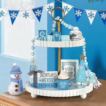 Winter Decoration for Home 8 PCS Tiered Tray Decor Set, Cute Christmas Blue Winter Wonderland Decor for Home Tray Shelf Fireplace Mantel Office Desk Indoor Snowman New Year Holiday Decorations Set
