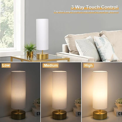 3-Way Dimmable Table Lamp, Touch Control Nightstand Lamp with White Lampshade, Gold Modern Bedside Touch Lamp Simple Side Table Lamp Night Light for Bedroom Living Room Kitchen, LED Bulb Included