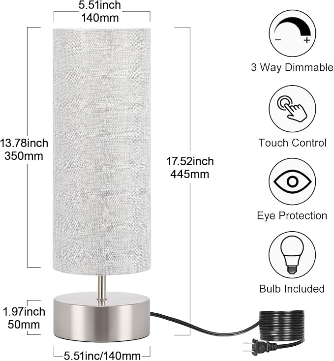 Bedside Touch Lamp, 3 way Touch Control Table Lamp with Silver Base, Modern Gray Nightstand Lamp with Cylinder Shade, Simple Dimmable Night Light for Bedroom Living Room Kitchen, LED Bulb Included