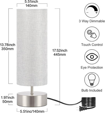 Bedside Touch Lamp, 3 way Touch Control Table Lamp with Silver Base, Modern Gray Nightstand Lamp with Cylinder Shade, Simple Dimmable Night Light for Bedroom Living Room Kitchen, LED Bulb Included