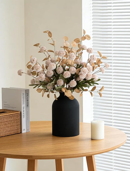 BLOSMON Dining Table Centerpiece Decor: Metal Vase with 12 Stems of Fake Mums Kiku Flower Eucalyptuses for Living Room - Beige Artificial Pom Poms Faux Floral Arrangements in Vase for Home