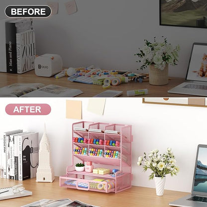 Marbrasse Larger Mesh Desk Organizer with Drawer, Multi-Functional Pen Pencil Holder, Easy Assembly, Desk Organizers and Accessories for Office Art Supplies (Pink)