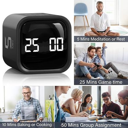 Rotating Pomodoro Timer 5, 25, 10 50 Minutes Preset, Desk Productivity Timer w/Gra vity Sensor, ADHD Tool Cube Countdown, Custom Modes, for Work, Study, Back to School, Kitchen, Black, 2 Pack