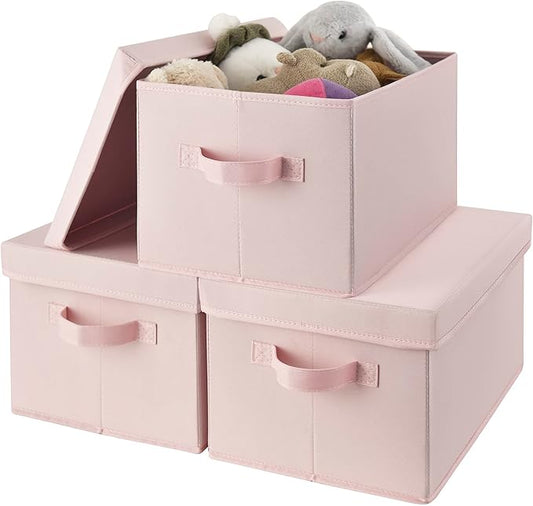 GRANNY SAYS Pink Storage Bins with Lids, Barbie Storage Organizer, Doll Toy Boxes, Stackable Fabric Storage Baskets for Closet, Baby Room, Nursery, 3-Pack