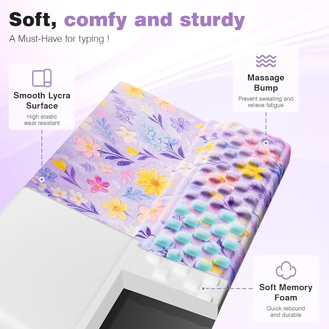 Ospelelf Keyboard Wrist Rest Pad, Comfy Ergonomic Keyboard Stand Riser Holder, Computer Wrist Support Cushion forTyping, Purple Flower