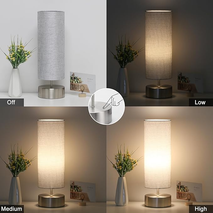Bedside Touch Lamp, 3 way Touch Control Table Lamp with Silver Base, Modern Gray Nightstand Lamp with Cylinder Shade, Simple Dimmable Night Light for Bedroom Living Room Kitchen, LED Bulb Included