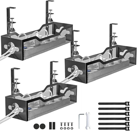 Under Desk Cable Management Tray 3 Pack, Cable Management Under Desk No Drill, Cable Organizer with Clamp for Wire Management, Cord Organizer for Office, Home - No Damage to Table (Black)