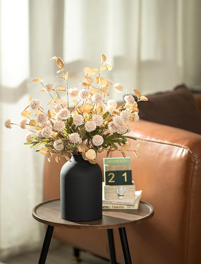 BLOSMON Dining Table Centerpiece Decor: Metal Vase with 12 Stems of Fake Mums Kiku Flower Eucalyptuses for Living Room - Beige Artificial Pom Poms Faux Floral Arrangements in Vase for Home