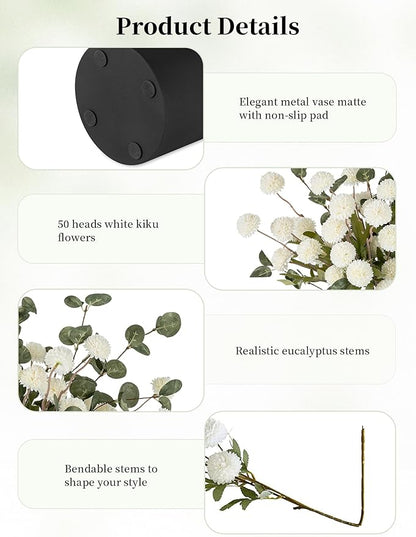 BLOSMON Fake Flowers in Vase for Centerpieces: Metal Vase with 12 Stems of Artificial Mums Kiku Flowers Eucalyptuses Home Table Decor - White Faux Pom Poms Floral Arrangements for Living Room