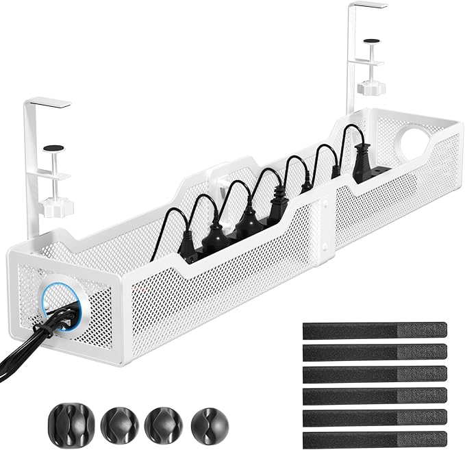 [Upgraded] Extra Large Under Desk Cable Management, Cinati 25" Wire Organizers No Drill, Cable Tray with Clamp for Wire Management, Cord Organization Box for Office, Home - No Damage to Desk(White)