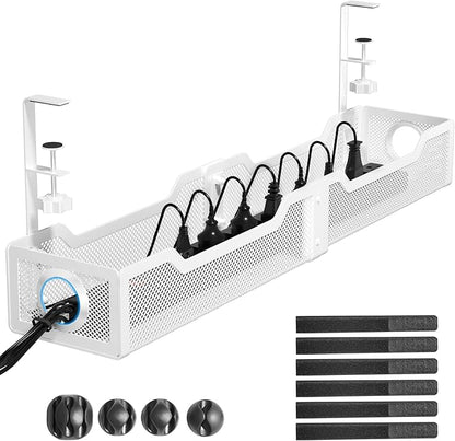 [Upgraded] Extra Large Under Desk Cable Management, Cinati 25" Wire Organizers No Drill, Cable Tray with Clamp for Wire Management, Cord Organization Box for Office, Home - No Damage to Desk(White)