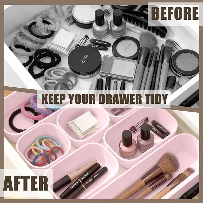 SILIVO 8 PCS Unbreakable Silicone Drawer Organizer Trays, Aesthetic Noise-Free & Non-Slip Pink Vanity Makeup Organizers, 4-Sizes Flexible Soft Drawer Dividers for Bathroom