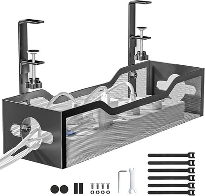 Under Desk Cable Management Tray Black, Litwaro Cable Management Under Desk No Drill, Cable Organizer with Clamp for Wire Management, Cord Organizer No Damage to Desk for Office, Home