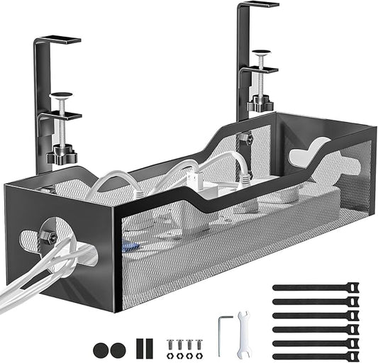 Under Desk Cable Management Tray Black, Litwaro Cable Management Under Desk No Drill, Cable Organizer with Clamp for Wire Management, Cord Organizer No Damage to Desk for Office, Home