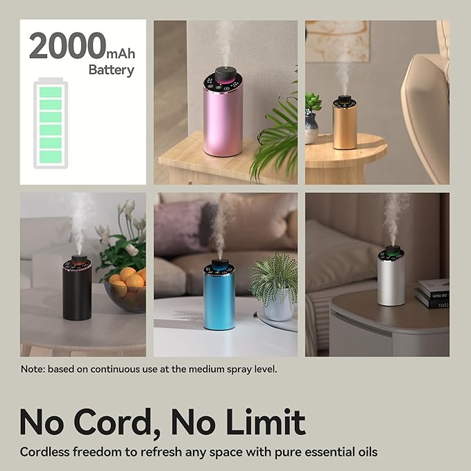 Waterless Essential Oil Diffuser Scent Aromatherapy Diffusers for Home Large Room, Car, Office, Portable Battery Operated Cordless Air Freshener, 4 Timers & 3 Mist Levels, 100ml Capacity (Pink)