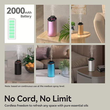 Waterless Essential Oil Diffuser Scent Aromatherapy Diffusers for Home Large Room, Car, Office, Portable Battery Operated Cordless Air Freshener, 4 Timers & 3 Mist Levels, 100ml Capacity (Silver)