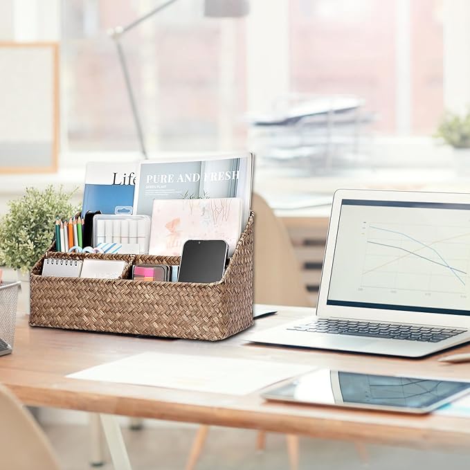 BTSKY Woven Storage Basket Natural Seagrass Vertical Wicker Storage Baskets with 4 Compartments Desk Organizers and Storage Magazine File Holder Home Office Supplies Sorter Rack, Coffee