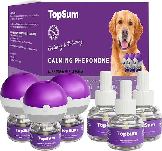 TopSum Calming Diffuser for Dog: Dog Pheromones Calming Diffuser Plug for Stress, Barking, Chewing, Pee Accidents & Separation Behaviors (Purple– 3 Diffusers + 3 Refills)