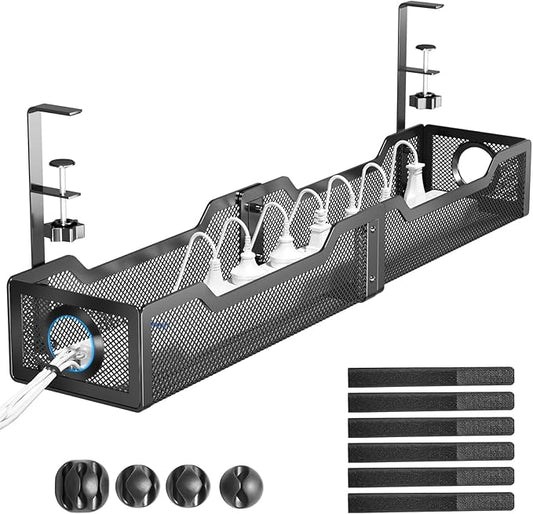 [Upgraded] Extra Large Under Desk Cable Management, Cinati 25" Wire Organizers No Drill, Cable Tray with Clamp for Wire Management, Cord Organization Box for Office, Home - No Damage to Desk(Black)