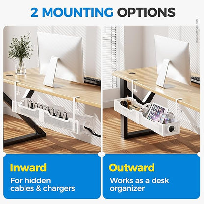 [Upgraded] Extra Large Under Desk Cable Management, Cinati 25" Wire Organizers No Drill, Cable Tray with Clamp for Wire Management, Cord Organization Box for Office, Home - No Damage to Desk(White)