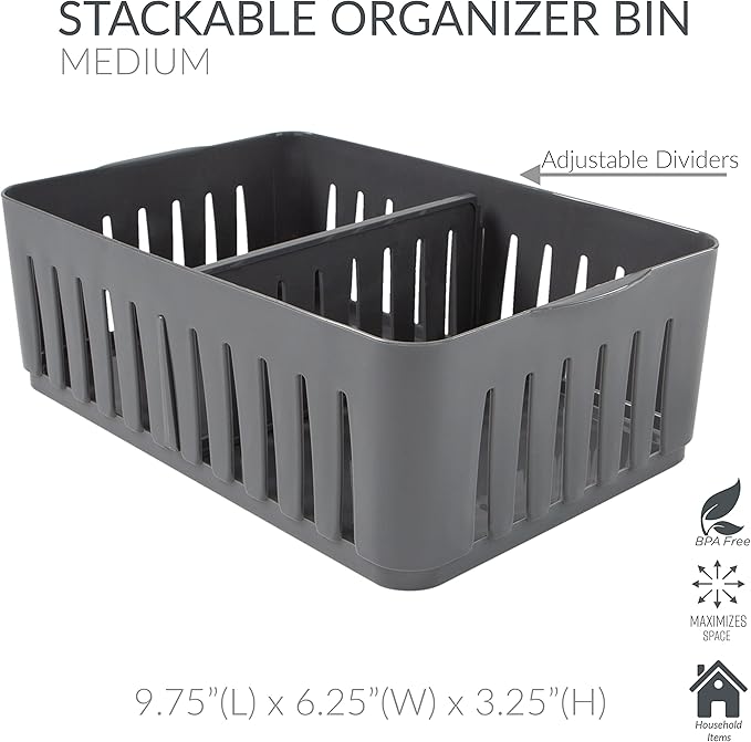 Simplify 3 Compartment Stackable Bin with Adjustable Dividers | Drawer Organizer | Storage Basket | Good for Office | Desk Supplies | Dorm | Bathroom | Accessories | Make Up | Grey