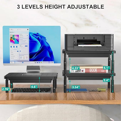WALI Computer Monitor Stand with Storage, Desk Monitor Riser 3 Height Adjustable, Laptop Riser with Airflow Vents, Desk Organizer for Computer, Laptop, Printer (PTT002-B), 1 Pack, Black