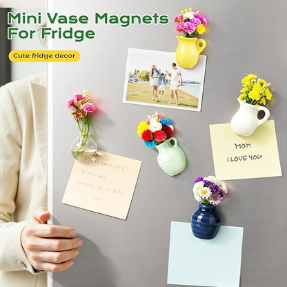 8 Pcs Refrigerator Magnets - Cute Mini Ceramic Vase Fridge Magnets with Artificial Flowers, Funny Tiny Vase Magnet for Fridge Decorative, Office, Kitchen, Locker, Whiteboard