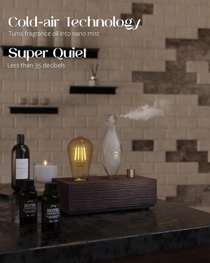 Waterless Essential Oil Diffusers with Rechargeable Battery & 9H Runtime, Aromatherapy Diffusers with Bulb, Scent Diffusers Premium Wood & Glass Nebulizer Cordless for Large Home, Hotels, Rooms