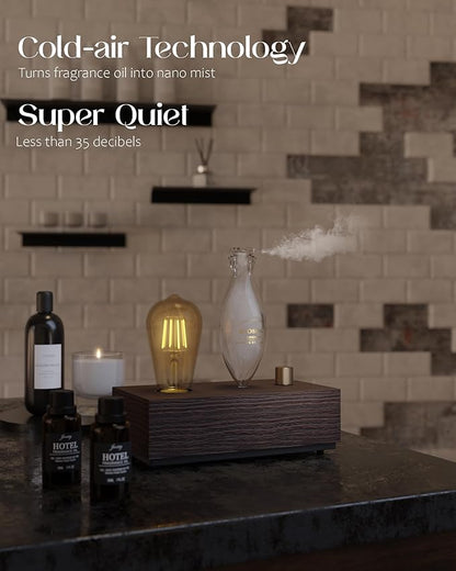 Waterless Essential Oil Diffusers with Rechargeable Battery & 9H Runtime, Aromatherapy Diffusers with Bulb, Scent Diffusers Premium Wood & Glass Nebulizer Cordless for Large Home, Hotels, Rooms