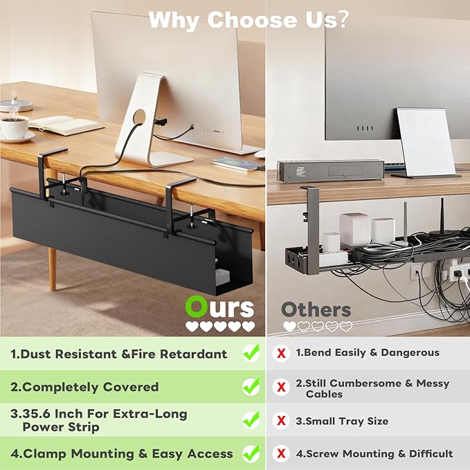 Dayacoo No Drill Under Desk Cable Management Tray, 36" Clamp/Screw Mount Cord Organizer for Desk, Fabric Cable Management Tray for Storage and Hide Cords, Cable Organizer for Office Home, Black