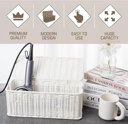 Cable Management Box, Handmade Rattan Cable Organizer with 2 Open Slots, Cord Hider for Power Strip, Router & USB Hub, Registered U.S. Design Patent (D1,112,102), 13" x 5.1" x 5.1", White