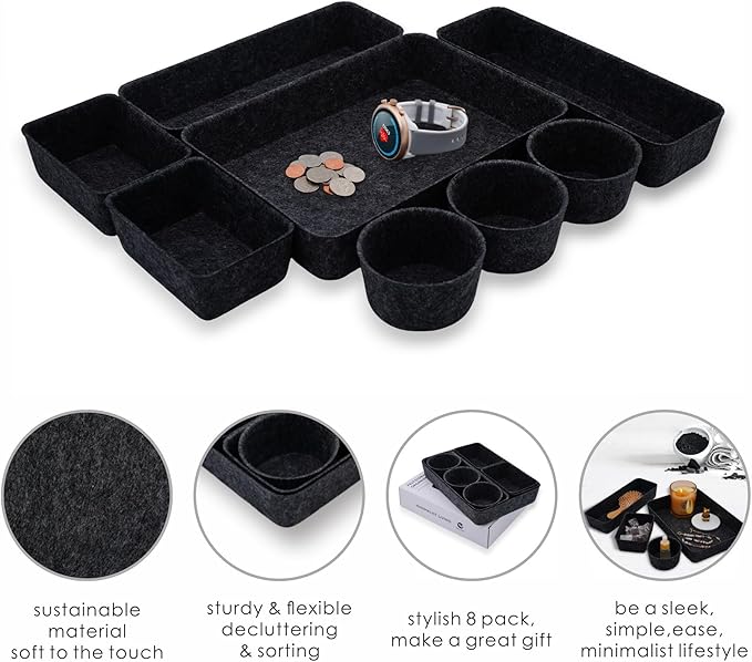 Welaxy office desk drawer organizer tray felt Storage Bin for pens Jewelry makeup decluttering sleek minimalist living 8-piece(Carbon)