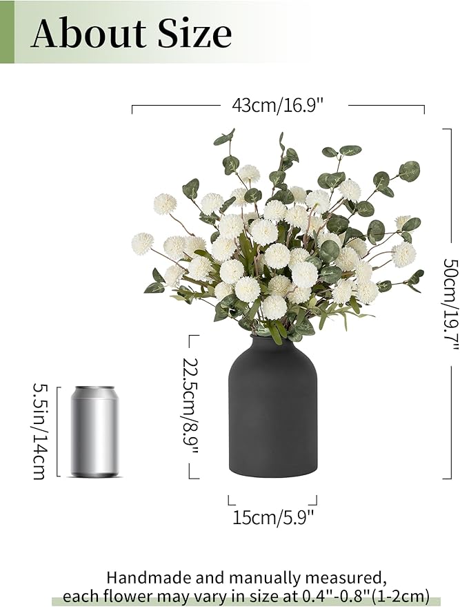 BLOSMON Fake Flowers in Vase for Centerpieces: Metal Vase with 12 Stems of Artificial Mums Kiku Flowers Eucalyptuses Home Table Decor - White Faux Pom Poms Floral Arrangements for Living Room