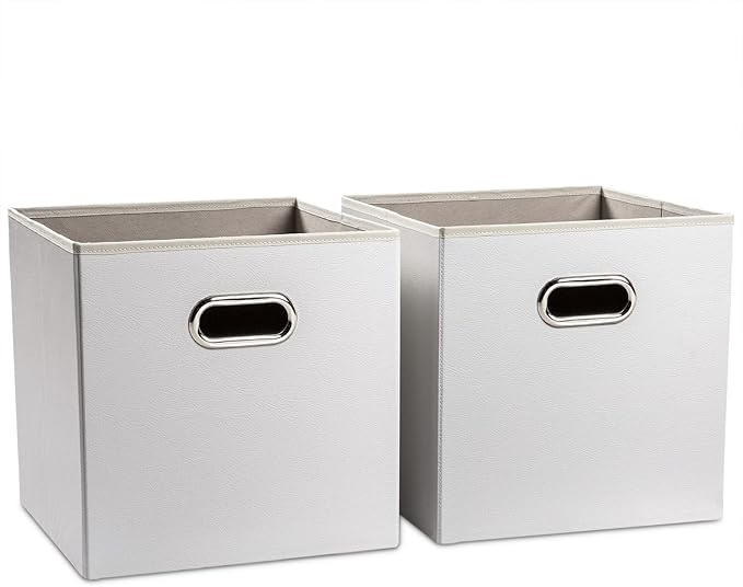 PRANDOM Leather Foldable Cube Storage Bins 13x13 inch [2-Pack] Fabric Storage Baskets Cubes Drawer with Cotton Handles Organizer for Shelves Nursery Closet Bedroom Clothes White