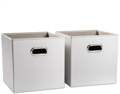 PRANDOM Leather Foldable Cube Storage Bins 13x13 inch [2-Pack] Fabric Storage Baskets Cubes Drawer with Cotton Handles Organizer for Shelves Nursery Closet Bedroom Clothes White