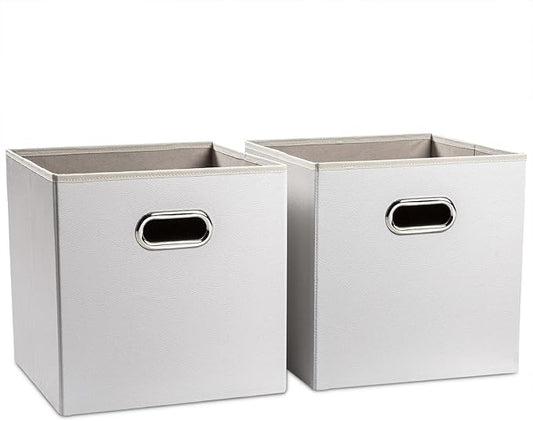 PRANDOM Leather Foldable Cube Storage Bins 13x13 inch [2-Pack] Fabric Storage Baskets Cubes Drawer with Cotton Handles Organizer for Shelves Nursery Closet Bedroom Clothes White