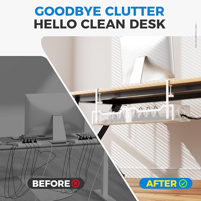 [Upgraded] Extra Large Under Desk Cable Management, Cinati 25" Wire Organizers No Drill, Cable Tray with Clamp for Wire Management, Cord Organization Box for Office, Home - No Damage to Desk(White)