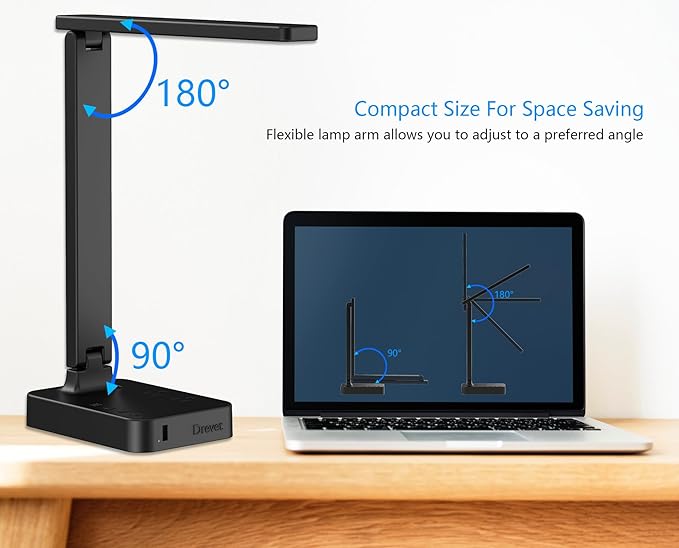 Drevet LED Desk Lamp for College Dorm Room, Desk Light with 1 USB Charging Port 2 AC Power Outlet, 3 Lighting Modes, 3 Level Brightness Touch Lamp, Eye-Caring Home Office Foldable Table Lamp