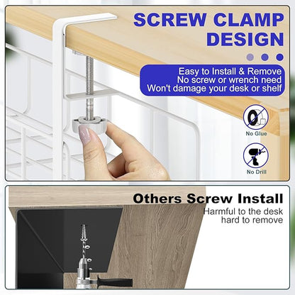 Under Desk Cable Management Tray, 31.5'' No Drill Steel Cable Tray Organizers, Wire Management Tray Cable Rack with Clamp Mount, Metal Under Desk Tray with Wire and Cord Organizer (White, 2 Pack)