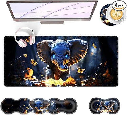 Large Keyboard Mouse Pad Set, Extended Mouse Pad+Keyboard Wrist Rest Support, Memory Foam Ergonomic Easy Typing, 4Pcs (31.5×11.8 in) Desk Pad Set for Office Home,Cute Elephant with Butterflies